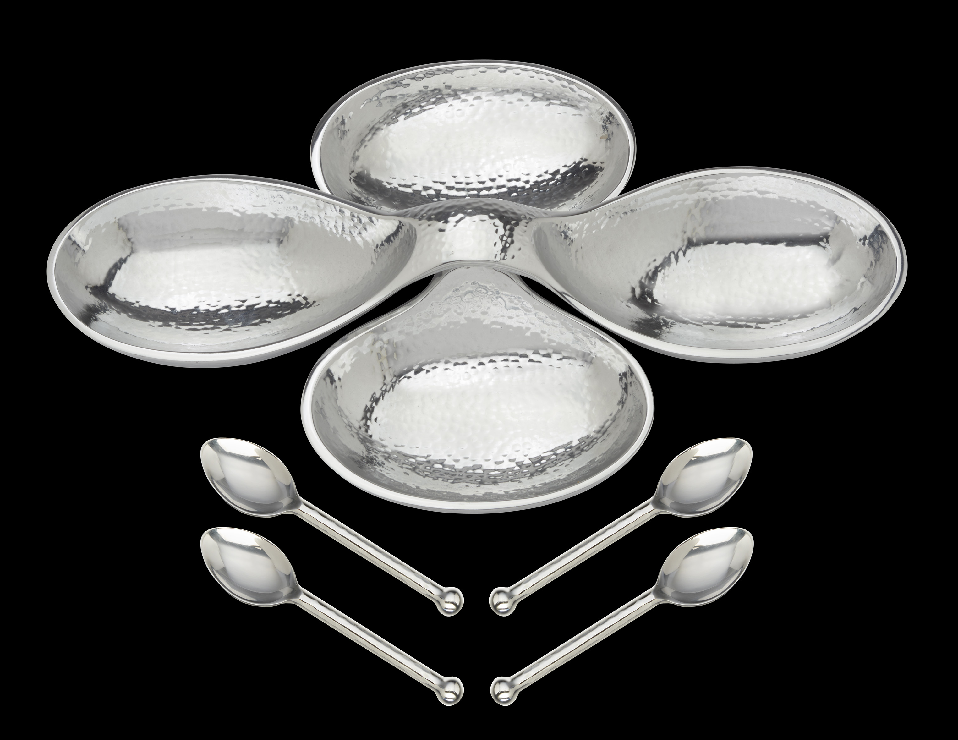 Hammered Silver Helix Bowls with 4 Simple Spoons.